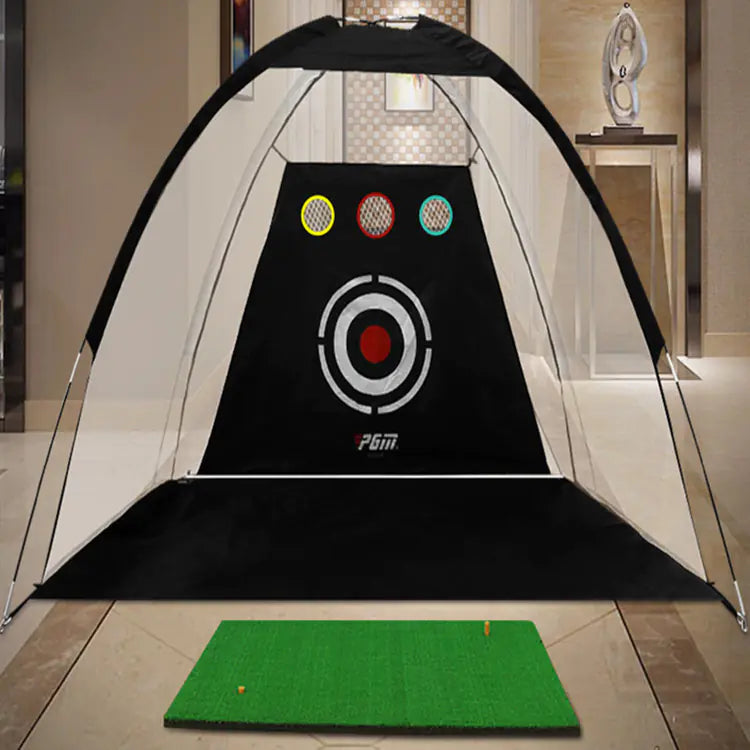 Assembled black ChipPro golf practice net indoors; hitting mat shown is not included.