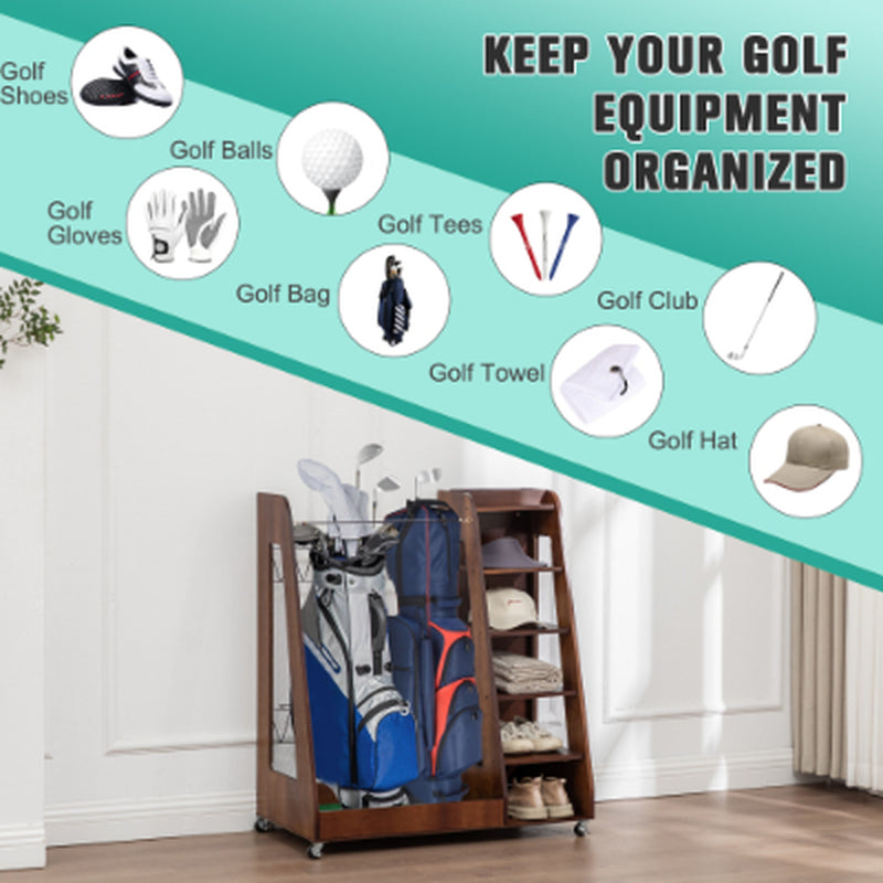 Freestanding golf bag organizer with two bag bays, five shoe shelves, and caster wheels.
