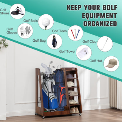 Golf Bag Organizer for Garage Wooden Golf Club Storage Rack with Shoe Shelves Fits 2 Golf Bags Rolling Organizer for Home Basement or Club