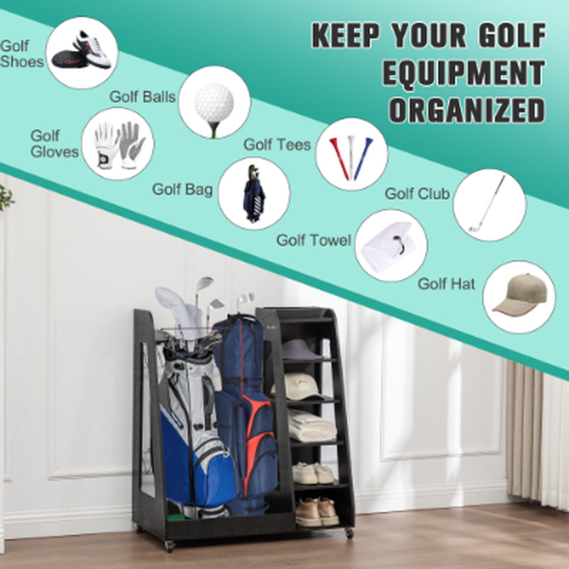 Freestanding golf bag organizer with two bag bays, five shoe shelves, and caster wheels.