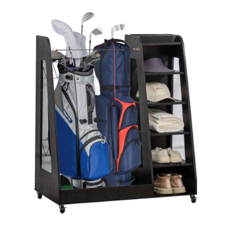Freestanding golf bag organizer with two bag bays, five shoe shelves, and caster wheels.