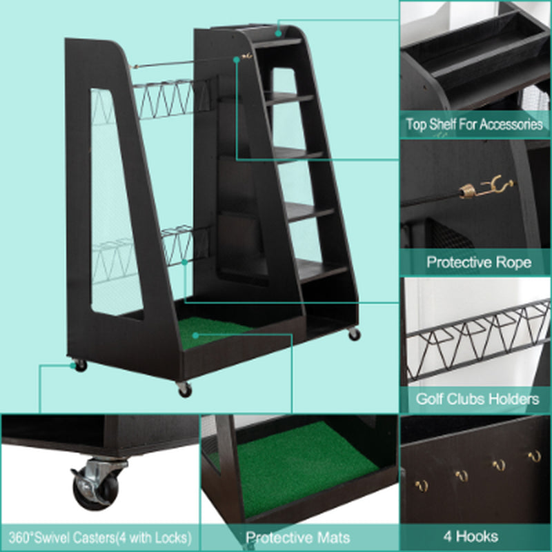 Freestanding golf bag organizer with two bag bays, five shoe shelves, and caster wheels.