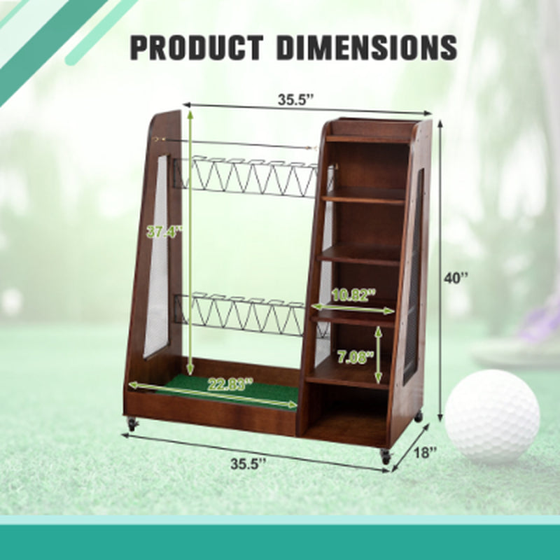 Freestanding golf bag organizer with two bag bays, five shoe shelves, and caster wheels.