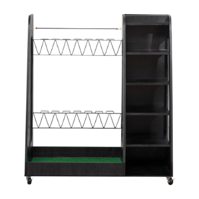 Freestanding golf bag organizer with two bag bays, five shoe shelves, and caster wheels.