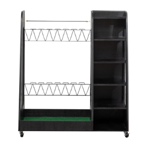 Golf Bag Organizer for Garage Wooden Golf Club Storage Rack with Shoe Shelves Fits 2 Golf Bags Rolling Organizer for Home Basement or Club