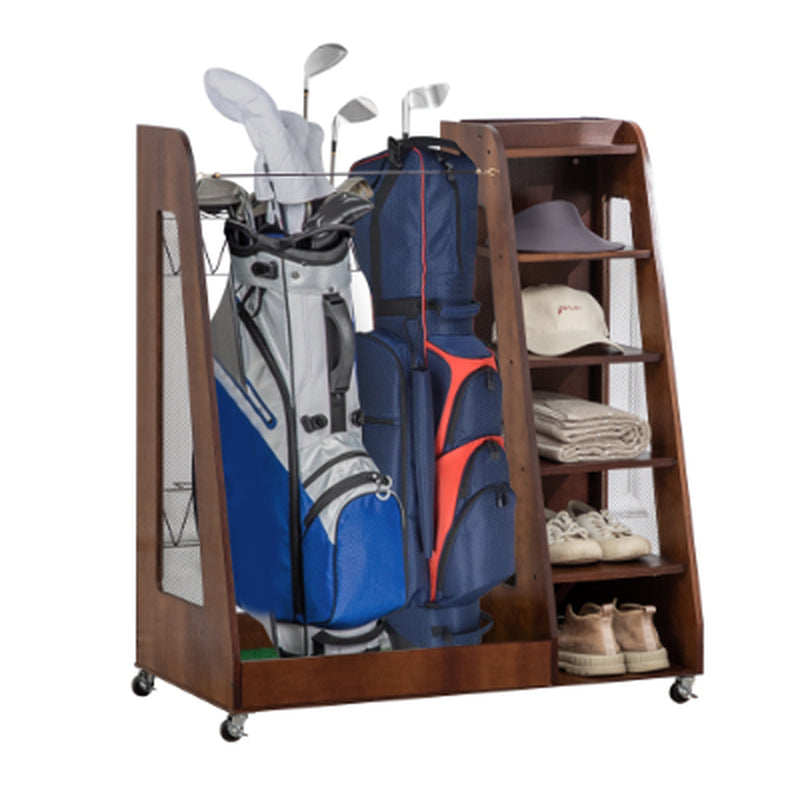 Freestanding golf bag organizer with two bag bays, five shoe shelves, and caster wheels.