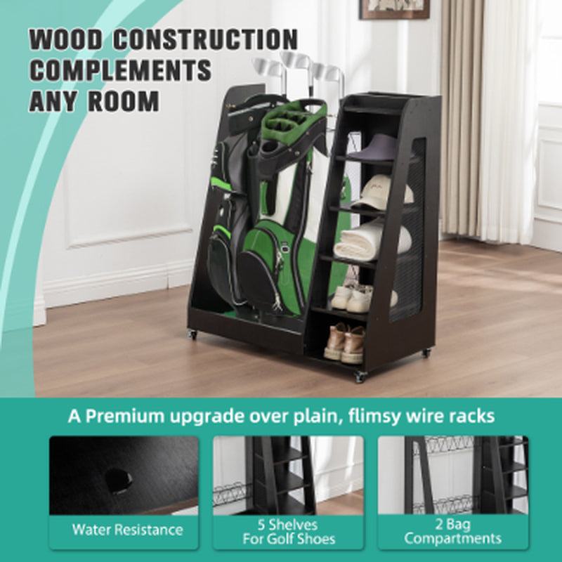 Freestanding golf bag organizer with two bag bays, five shoe shelves, and caster wheels.