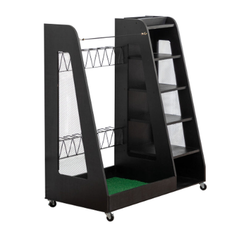 Freestanding golf bag organizer with two bag bays, five shoe shelves, and caster wheels.