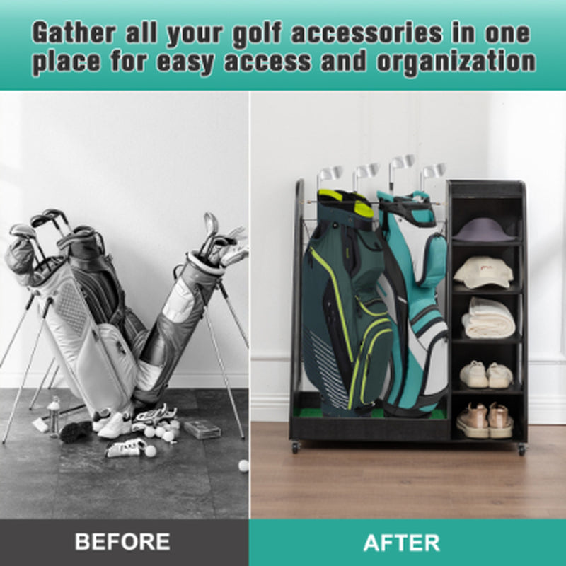 Freestanding golf bag organizer with two bag bays, five shoe shelves, and caster wheels.