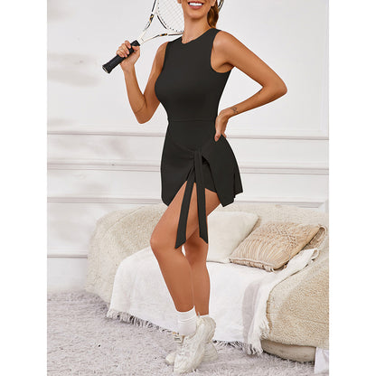 Women’s High Neck Athletic Dress with Built-In Shorts – Sleeveless Tennis & Golf Dress