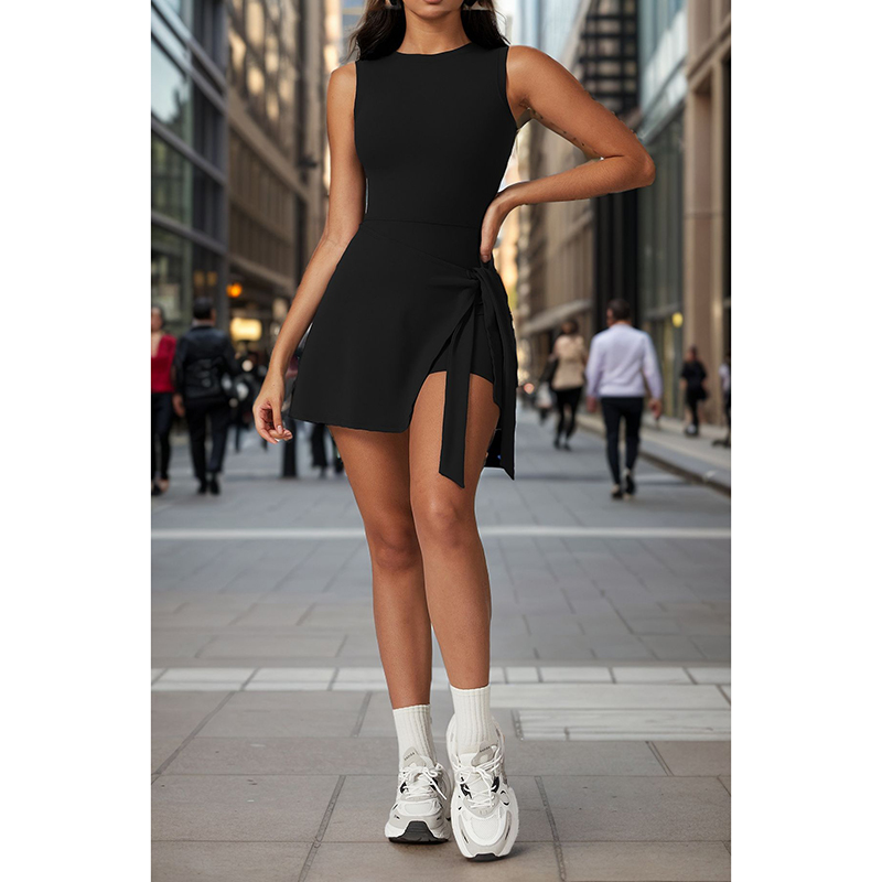 Women’s High Neck Athletic Dress with Built-In Shorts – Sleeveless Tennis & Golf Dress