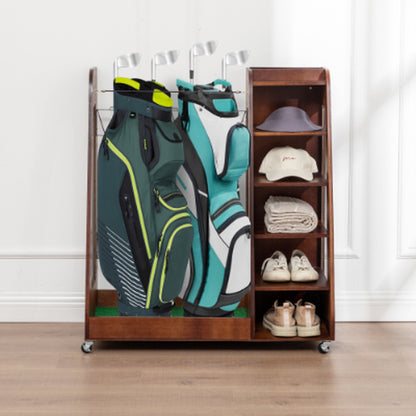 Golf Bag Organizer for Garage Wooden Golf Club Storage Rack with Shoe Shelves Fits 2 Golf Bags Rolling Organizer for Home Basement or Club