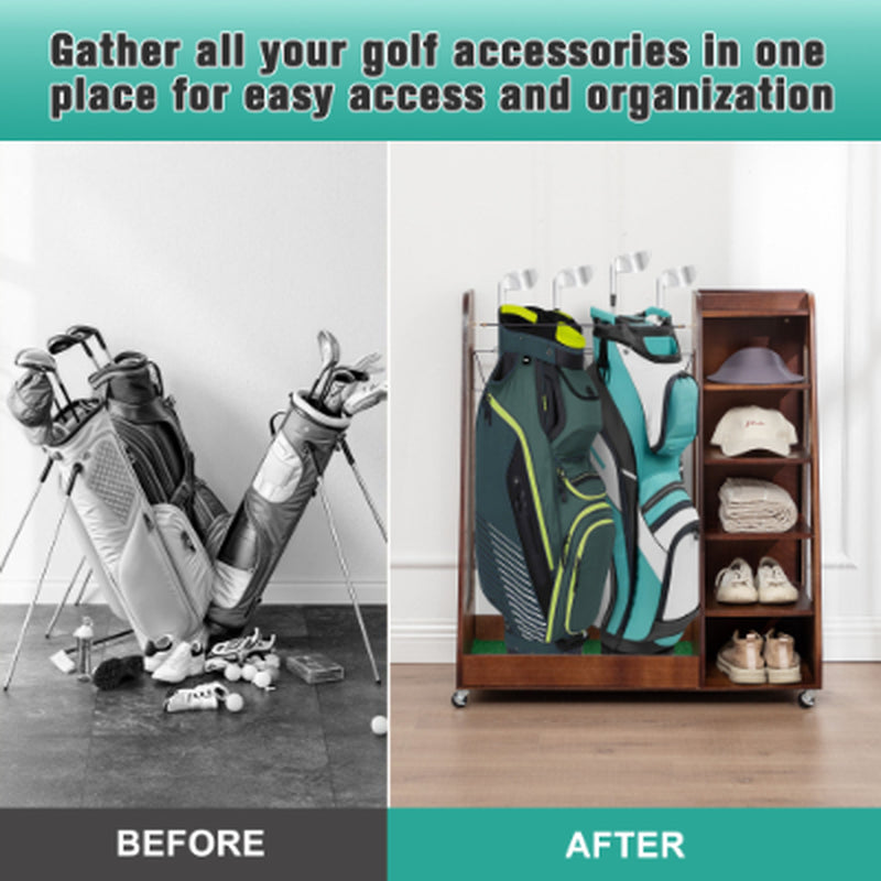 Freestanding golf bag organizer with two bag bays, five shoe shelves, and caster wheels.