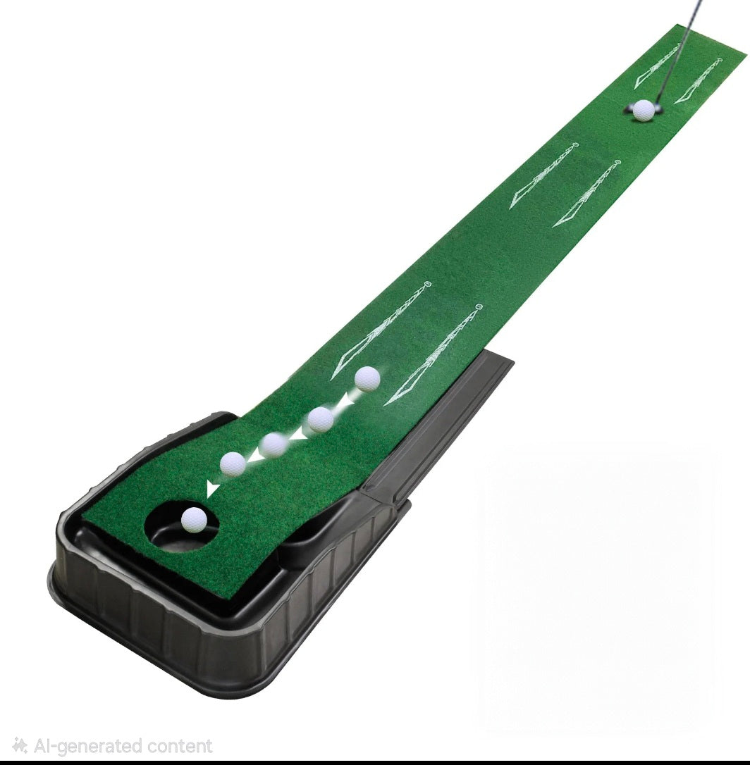 Indoor golf putting mat with automatic ball return feature
