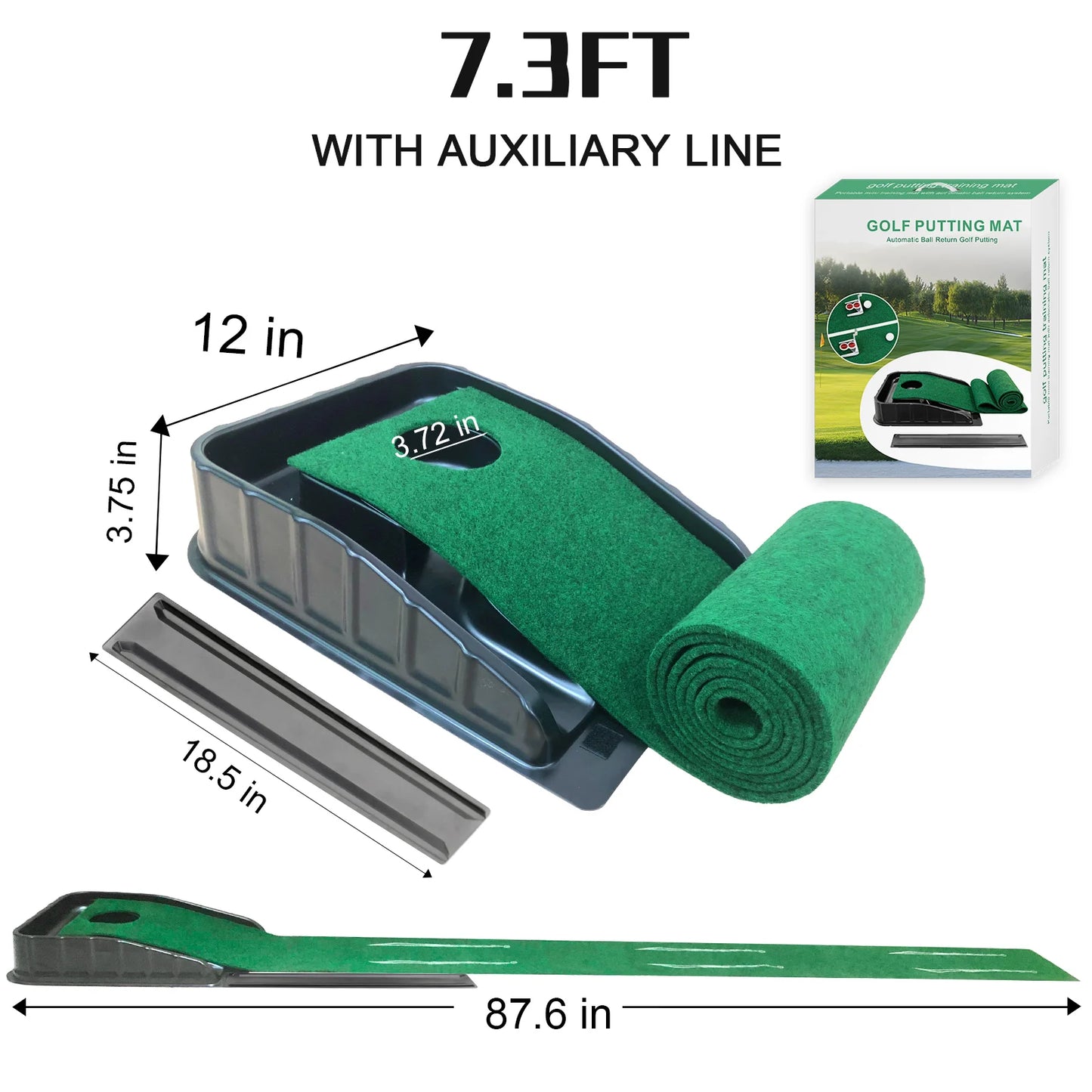 Golf putting mat with alignment guides and ball return system
