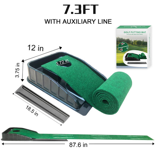 Golf putting mat with alignment guides and ball return system
