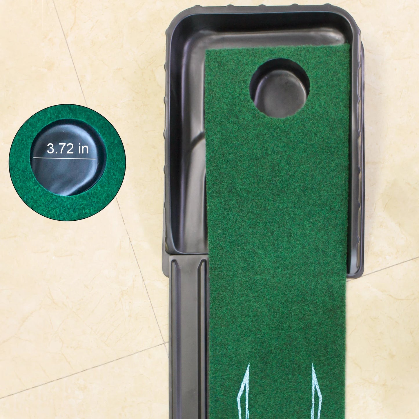 Indoor putting mat auto-ball return mechanism close-up

