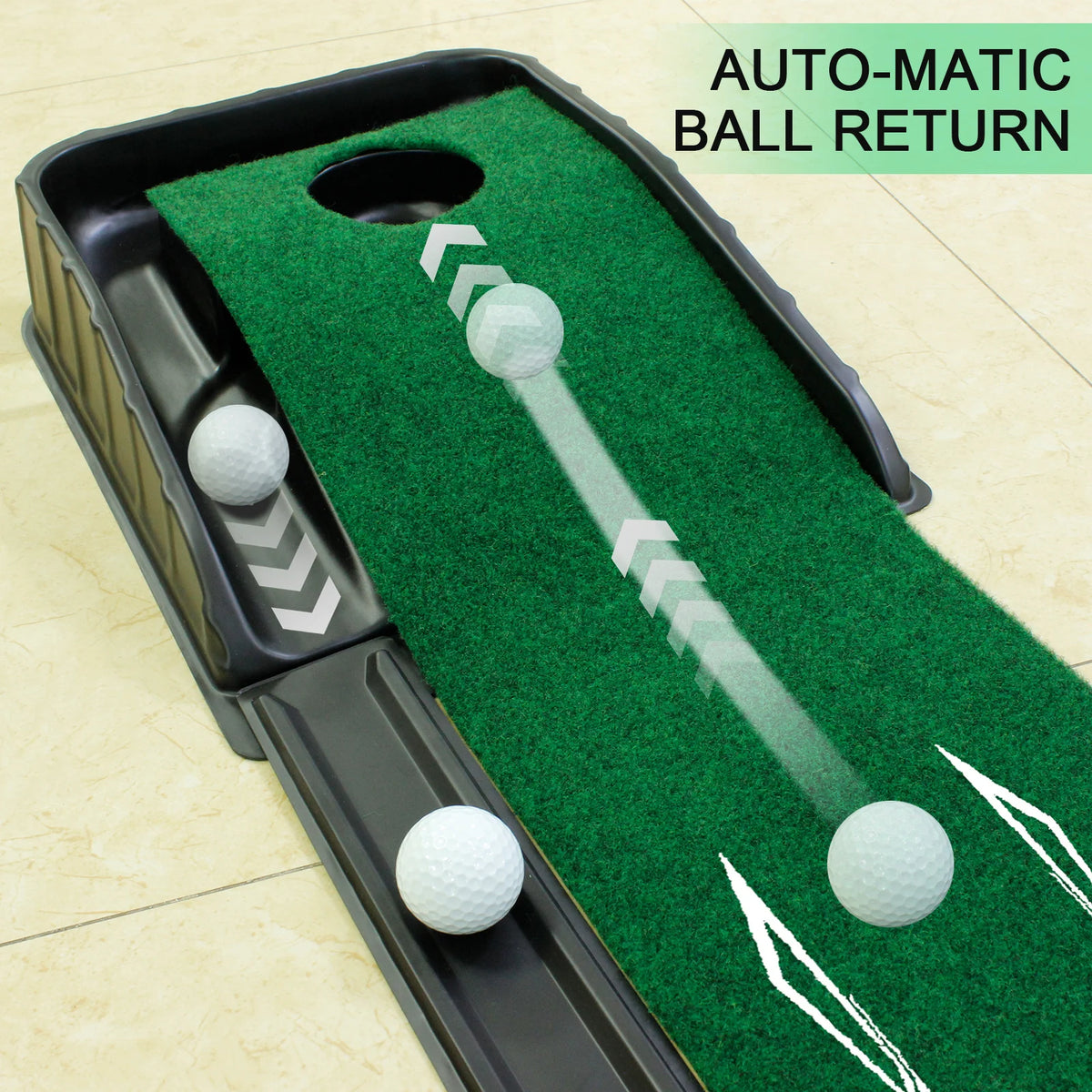 Indoor golf putting mat in home office setting
