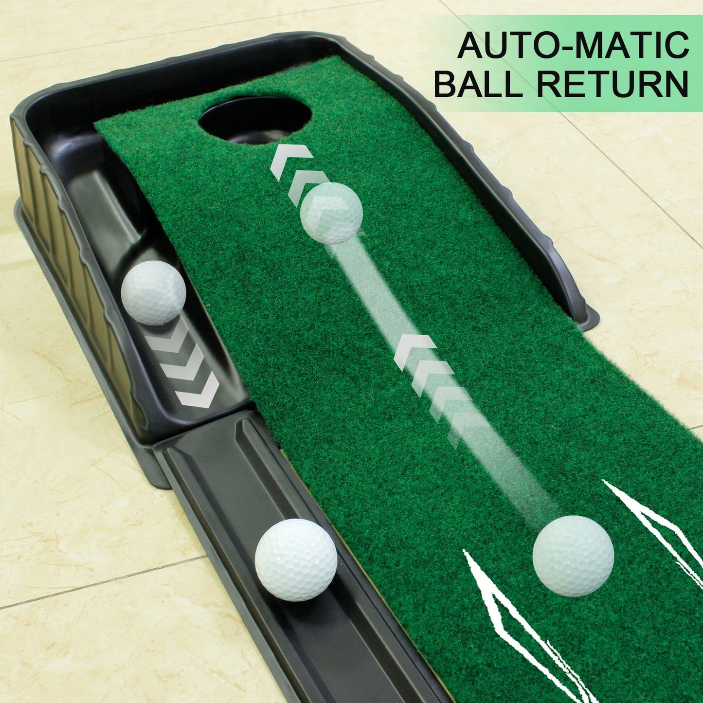 Indoor golf putting mat in home office setting
