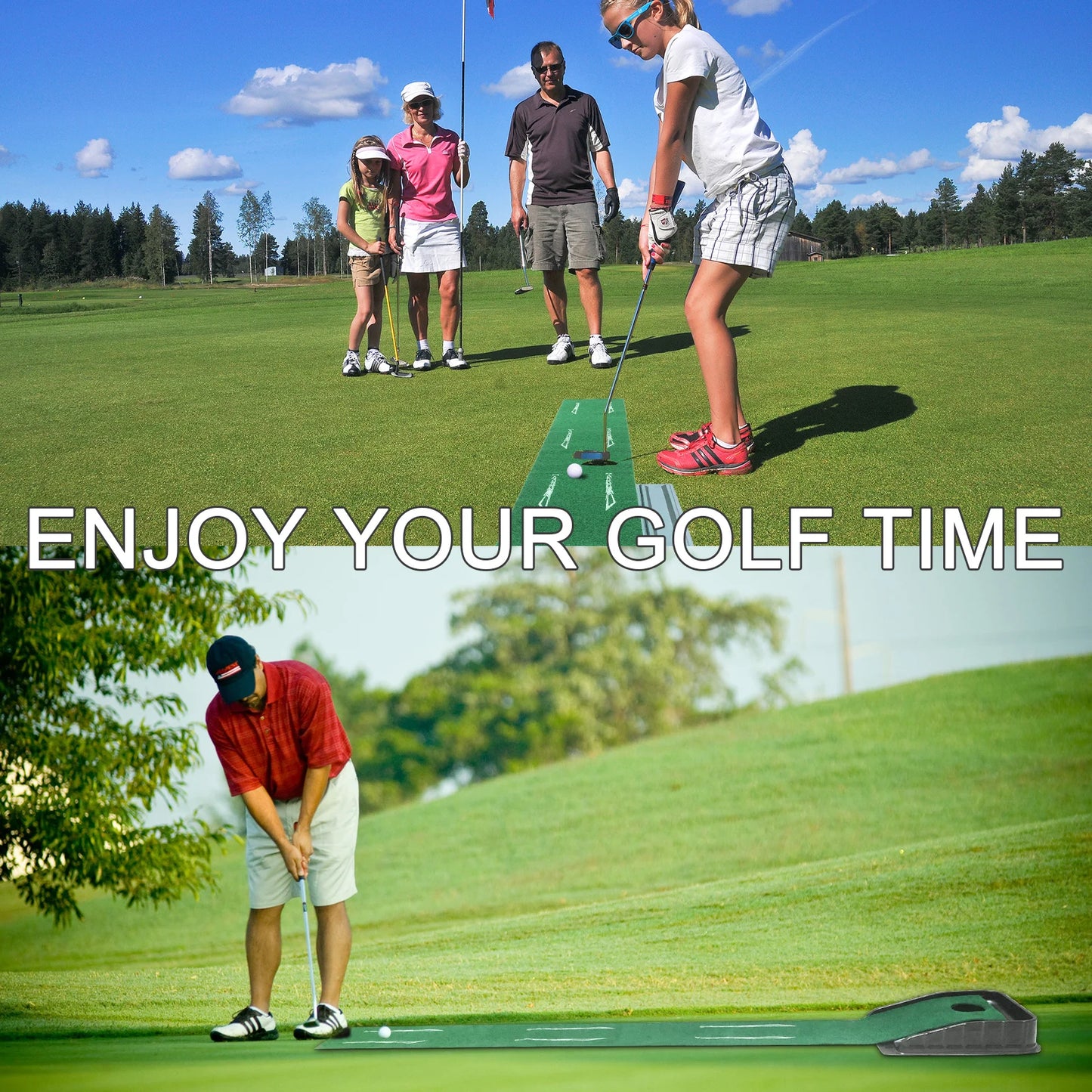 Portable golf putting mat with automatic ball return detail
