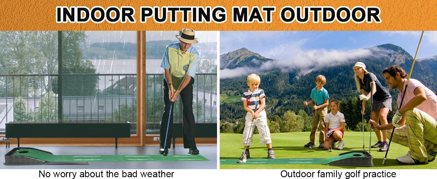 Golf putting mat with auto-ball return complete package