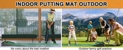 Golf putting mat with auto-ball return complete package