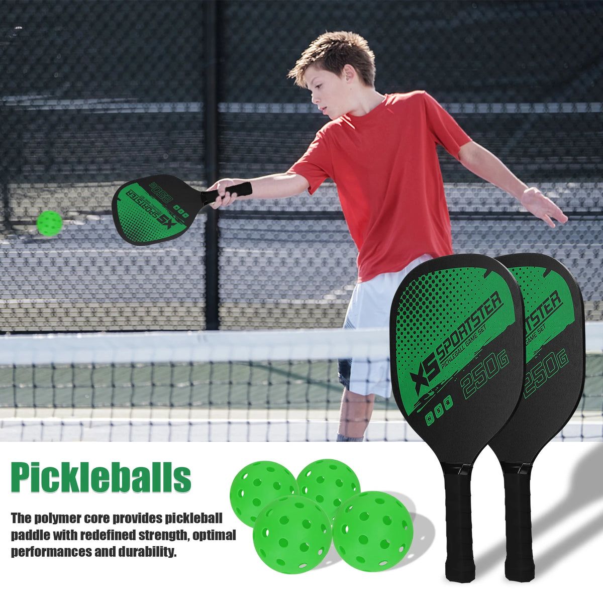 All-in-one pickleball set with paddles, balls, and net
