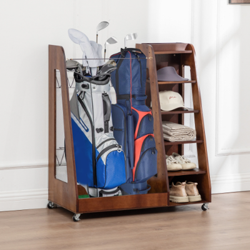 Golf Bag Organizer for Garage Wooden Golf Club Storage Rack with Shoe Shelves Fits 2 Golf Bags Rolling Organizer for Home Basement or Club