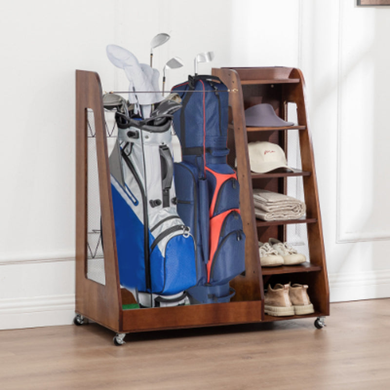 Freestanding golf bag organizer with two bag bays, five shoe shelves, and caster wheels.