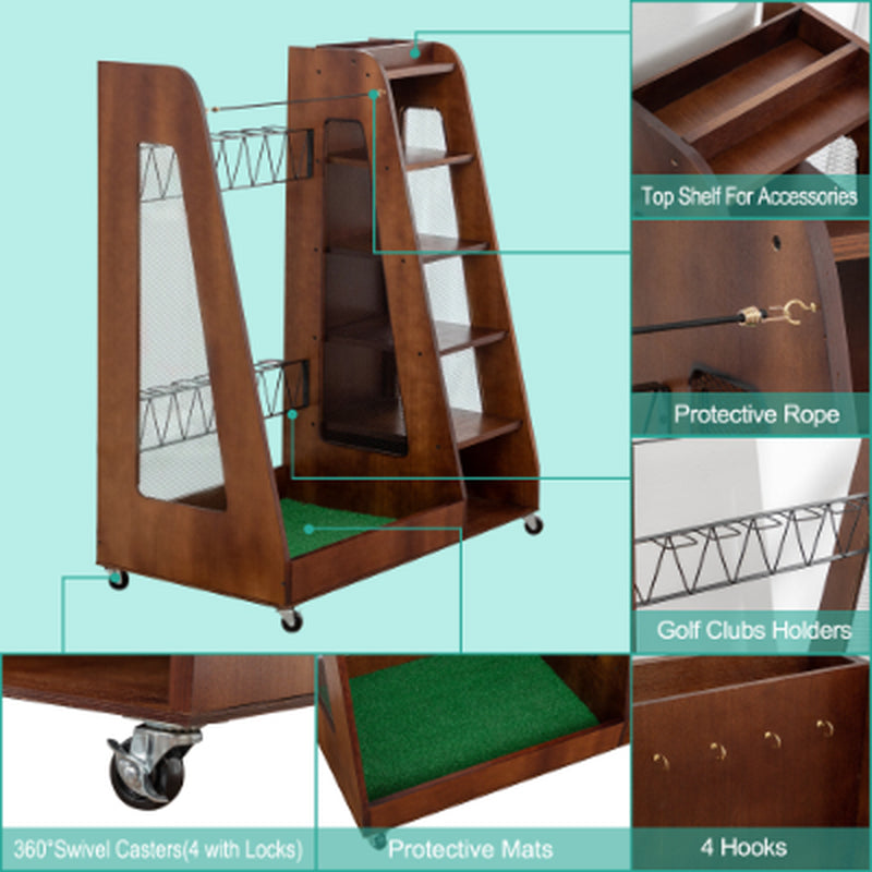 Freestanding golf bag organizer with two bag bays, five shoe shelves, and caster wheels.