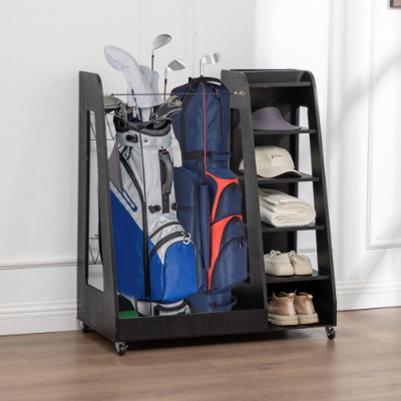 Golf Bag Organizer for Garage Wooden Golf Club Storage Rack with Shoe Shelves Fits 2 Golf Bags Rolling Organizer for Home Basement or Club
