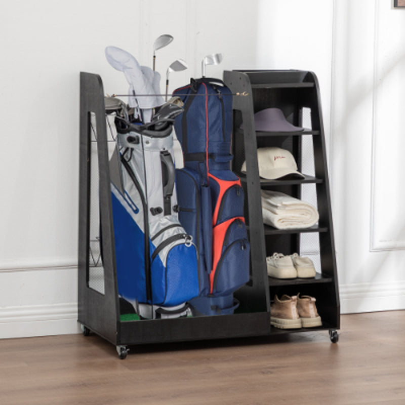Freestanding golf bag organizer with two bag bays, five shoe shelves, and caster wheels.