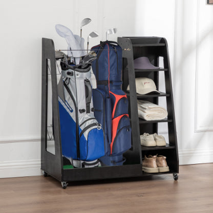 Golf Bag Organizer for Garage Wooden Golf Club Storage Rack with Shoe Shelves Fits 2 Golf Bags Rolling Organizer for Home Basement or Club