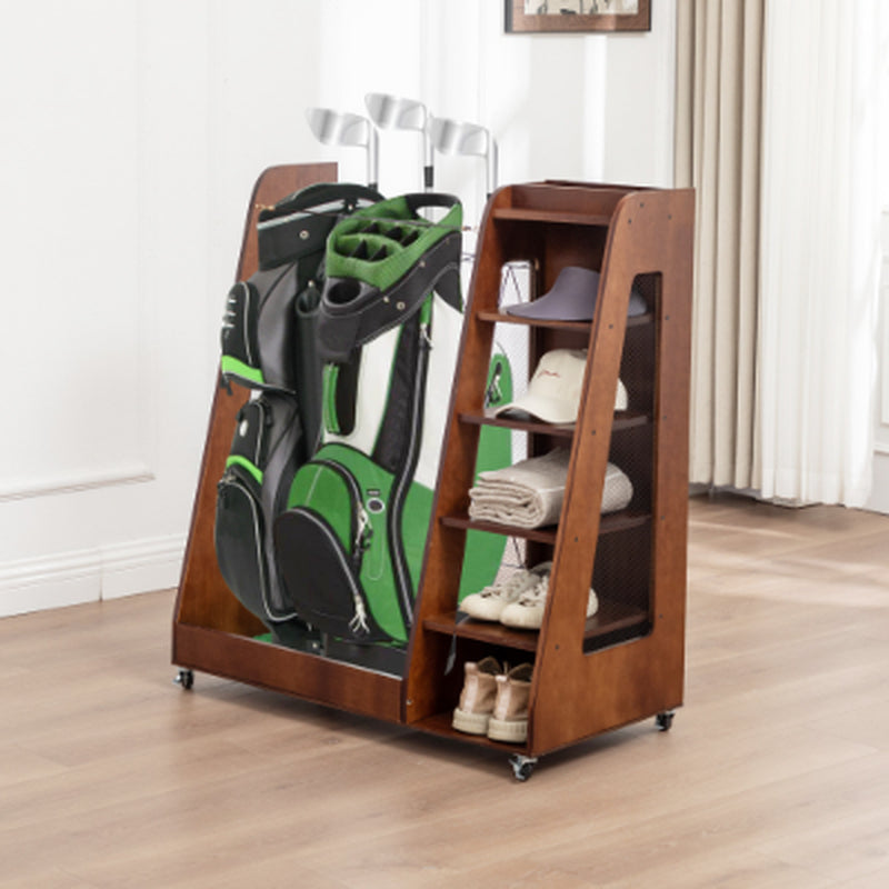 Golf Bag Organizer for Garage Wooden Golf Club Storage Rack with Shoe Shelves Fits 2 Golf Bags Rolling Organizer for Home Basement or Club
