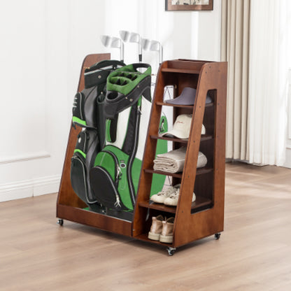 Golf Bag Organizer for Garage Wooden Golf Club Storage Rack with Shoe Shelves Fits 2 Golf Bags Rolling Organizer for Home Basement or Club