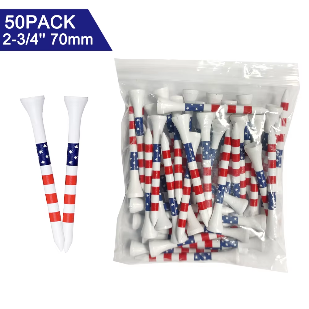 50-Pack Bamboo Golf Tees with American Flag Design (3-1/4” & 2-3/4”)