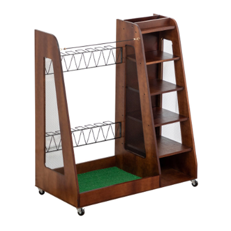 Freestanding golf bag organizer with two bag bays, five shoe shelves, and caster wheels.
