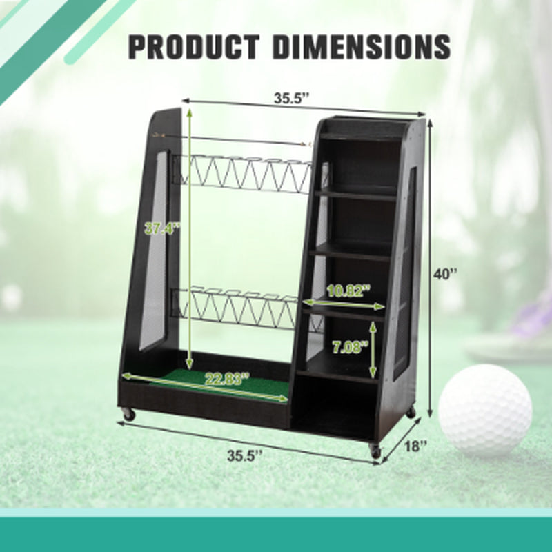 Freestanding golf bag organizer with two bag bays, five shoe shelves, and caster wheels.