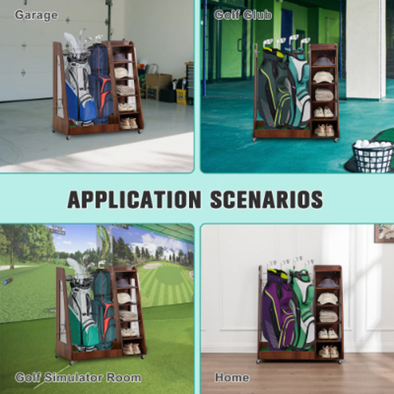 Freestanding golf bag organizer with two bag bays, five shoe shelves, and caster wheels.