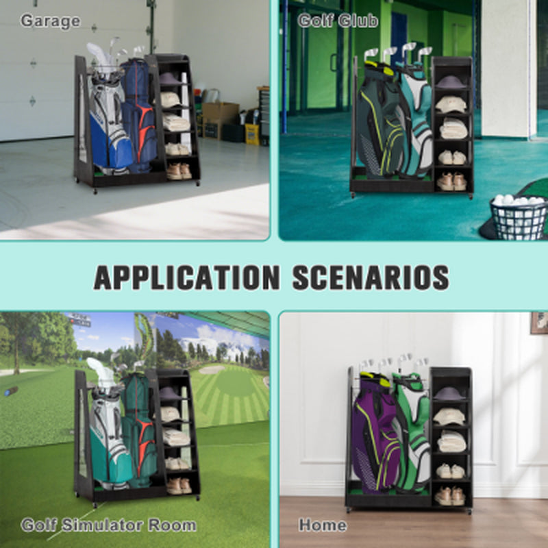 Freestanding golf bag organizer with two bag bays, five shoe shelves, and caster wheels.