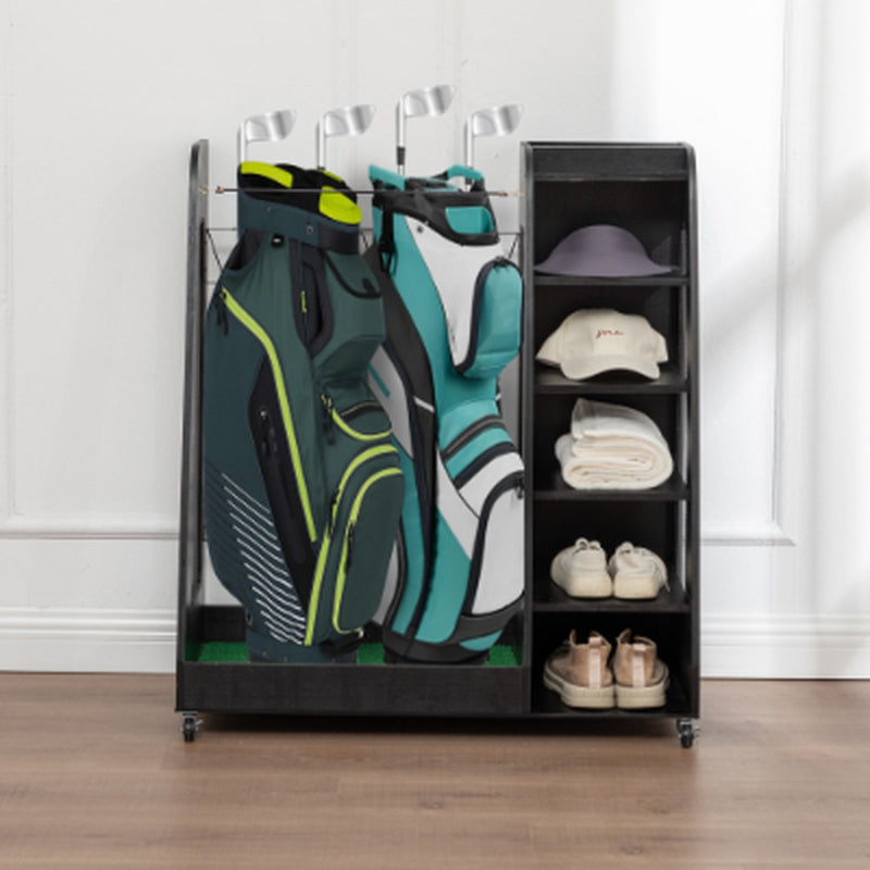 Golf Bag Organizer for Garage Wooden Golf Club Storage Rack with Shoe Shelves Fits 2 Golf Bags Rolling Organizer for Home Basement or Club