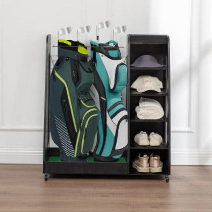 Golf Bag Organizer for Garage Wooden Golf Club Storage Rack with Shoe Shelves Fits 2 Golf Bags Rolling Organizer for Home Basement or Club