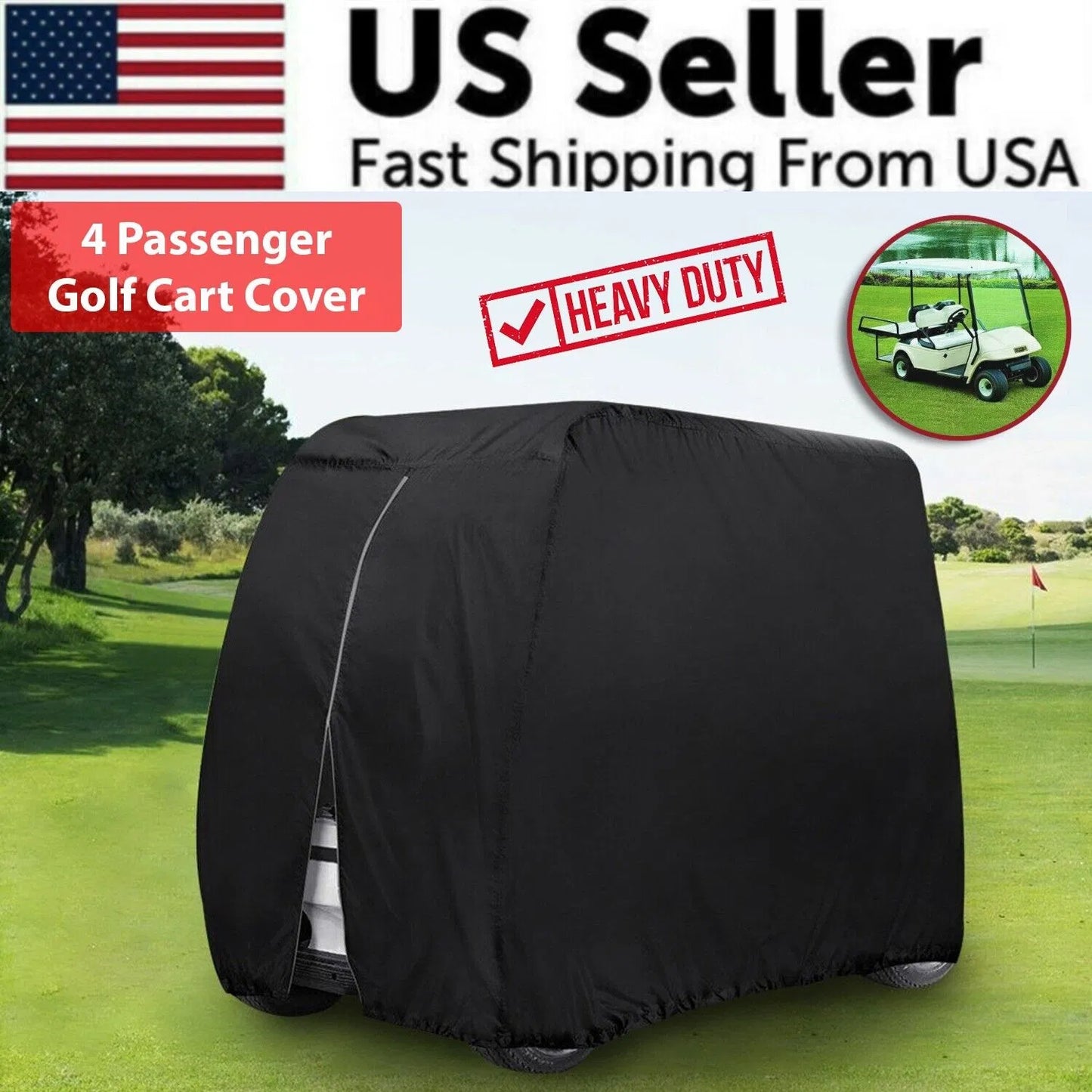 Waterproof 4 Passenger Golf Cart Cover with Zipper & Elastic Hem