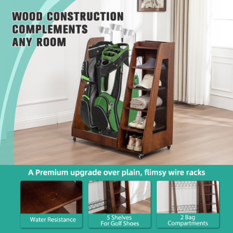 Freestanding golf bag organizer with two bag bays, five shoe shelves, and caster wheels.