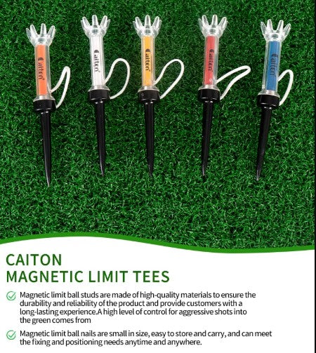 Infini-Tee magnetic plastic golf tees in use on tee box
