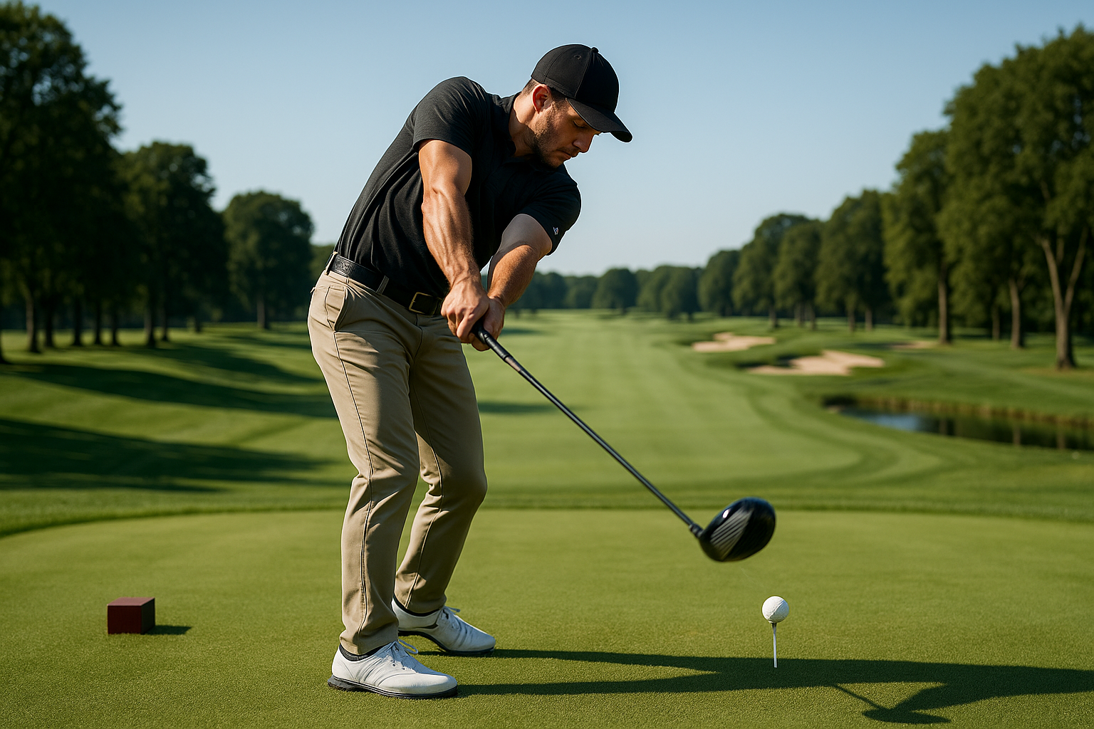 show a golfer teeing off from the tee box