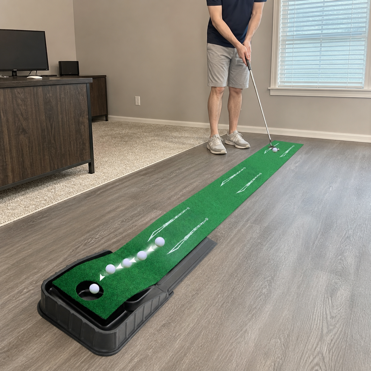 Indoor Golf Putting Mat with Auto-Ball Return and Alignment Guides