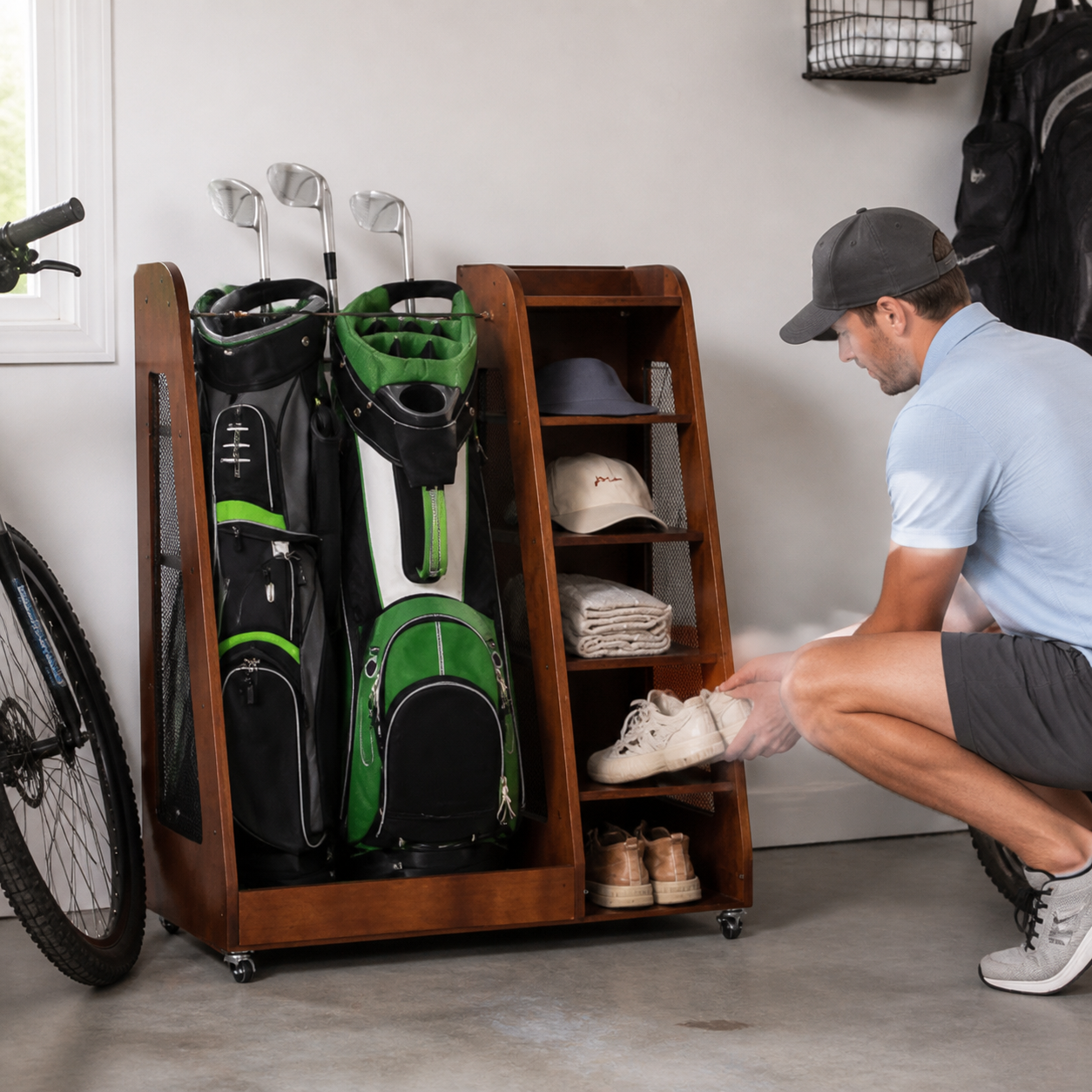 Golf Bag Organizer with Shoe Shelves and Locking Casters